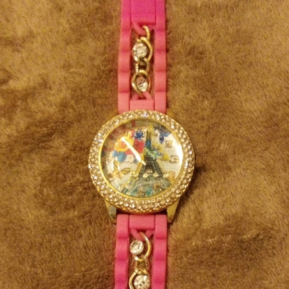 Pink and Gold Watch with Eiffel Tower Design